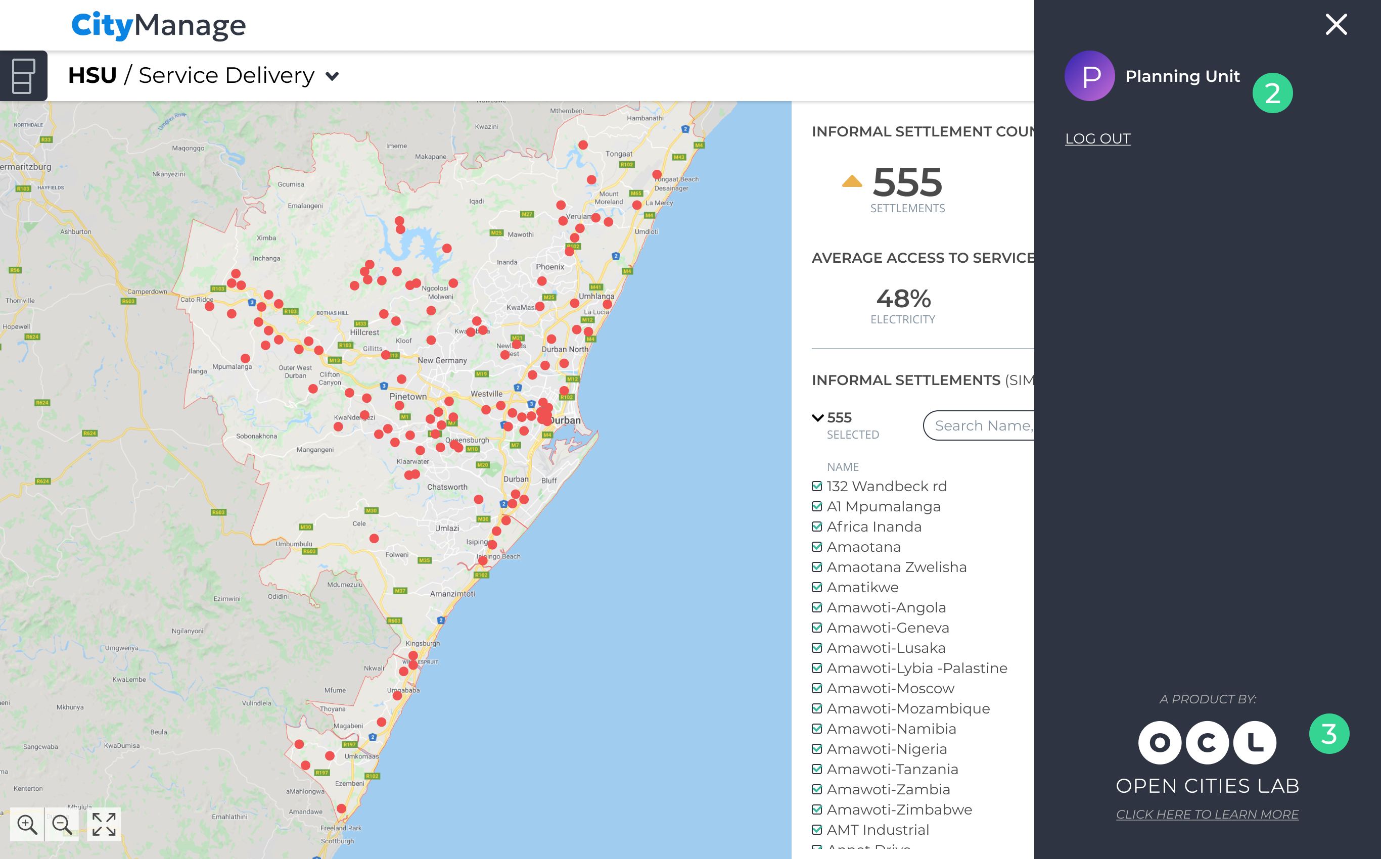 CityManage dashboard: a map of eThekwini dotted with informal settlements beside a panel showing the settlement count and average access to electricity, water and sanitation.