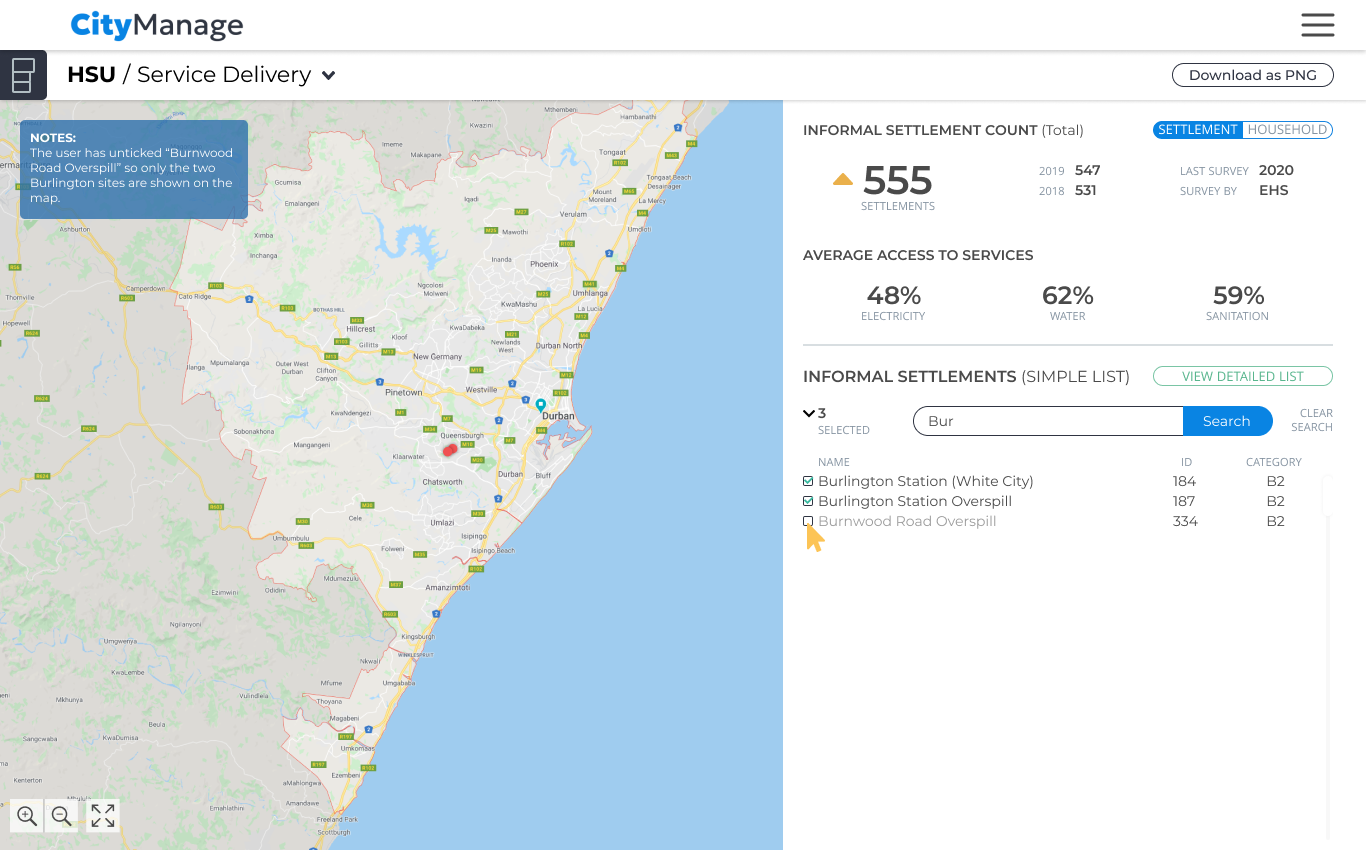 CityManage settlement search: typing a name filters the list and the map to matching settlements, each with its ID and category.