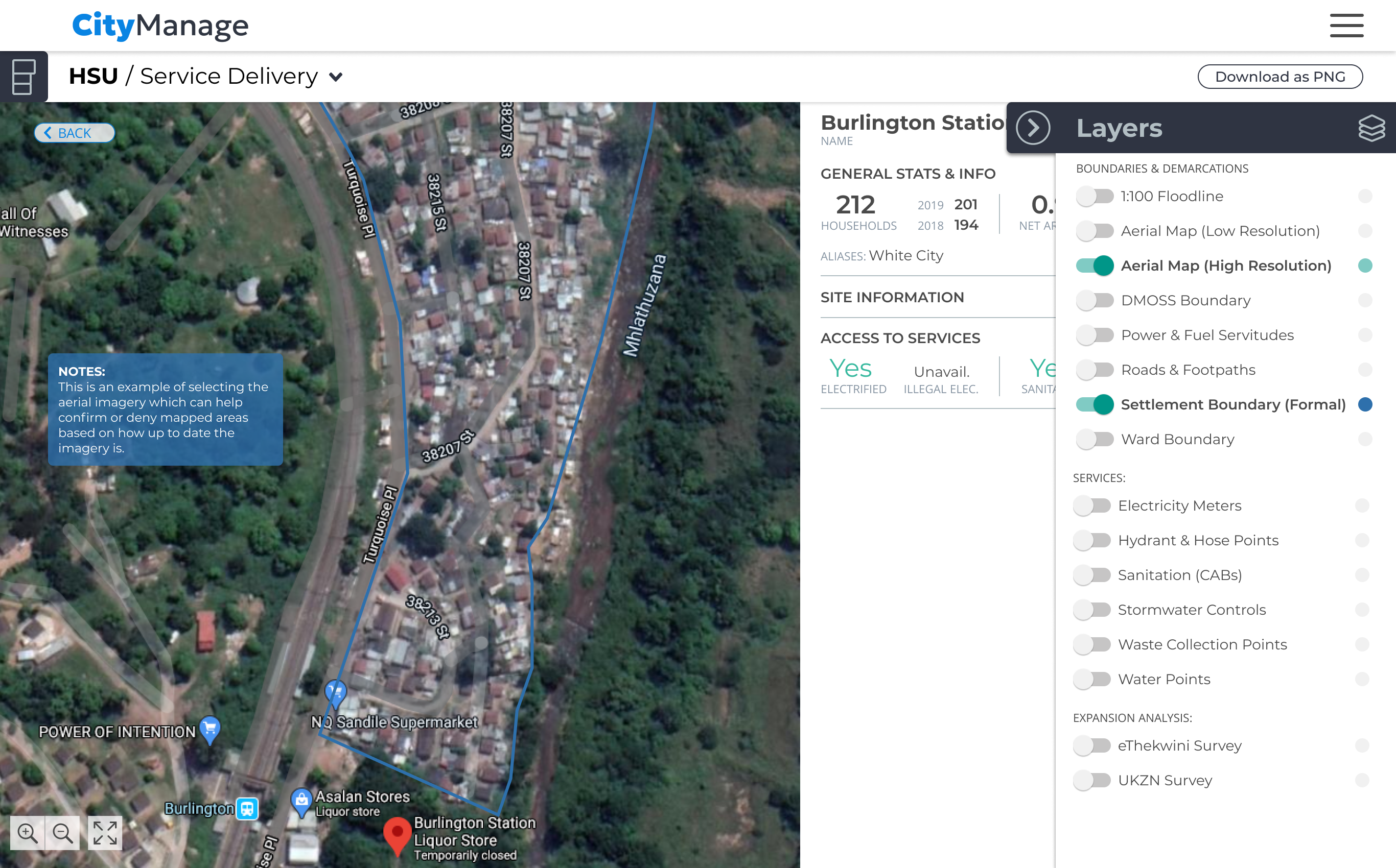 CityManage site inspection: high-resolution aerial imagery of a settlement with selectable layers for boundaries, services, electricity meters, water points and sanitation.